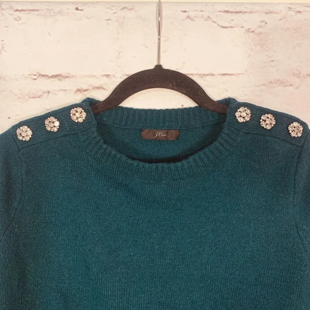 J. Crew Lambs Wool Blend Jewel Shoulder Sweater Emerald Green Women’s Small